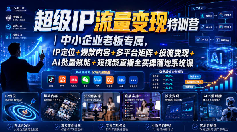超级IP流量变现特训营|中小企业老板专属,IP定位+爆款内容+多平台矩阵+投流变现+AI批量赋能+短视频直播全实操落地系统课-极客网创