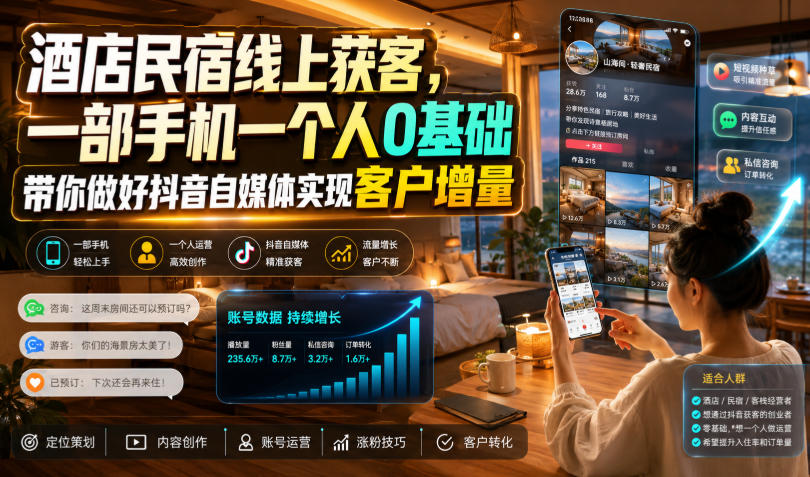 酒店民宿线上获客,一部手机一个人0基础带你做好抖音自媒体实现客户增量-极客网创