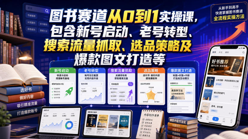 图书赛道从0到1实操课,包含新号启动、老号转型、搜索流量抓取、选品策略及爆款图文打造等-极客网创