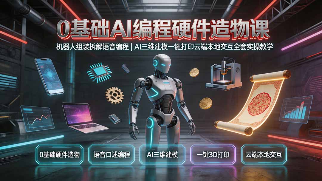 0基础AI编程硬件造物课|机器人组装拆解语音编程,AI三维建模一键打印云端本地交互全套实操教学-极客网创