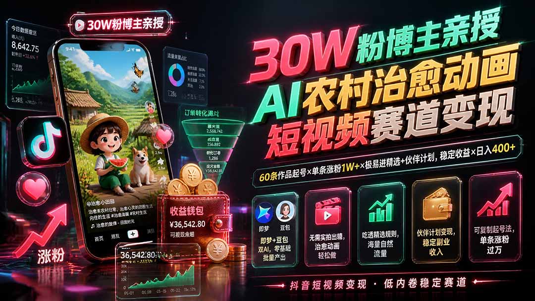 30W粉博主亲授AI农村治愈动画短视频赛道变现:60条作品起号×单条涨粉1W+×极易进精选+伙伴计划,稳定收益×日入400+-极客网创