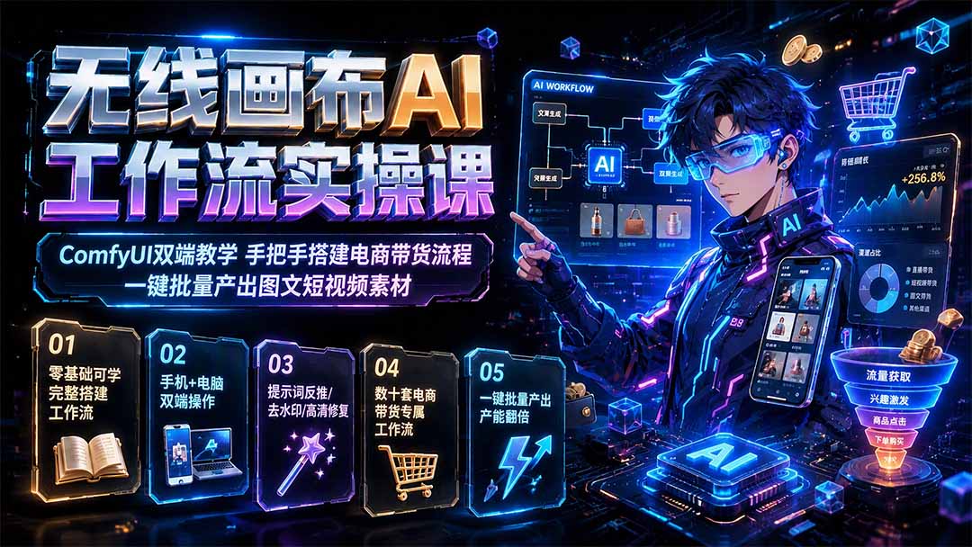 无线画布AI工作流实操课｜ComfyUI双端教学，手把手搭建电商带货流程，一键批量产出图文短视频素材-极客网创