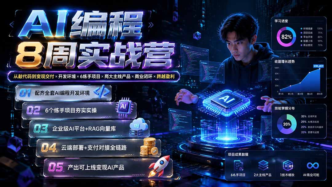 AI编程8周实战营:从敲代码到变现交付×开发环境×6练手项目×两大主线产品×商业闭环×跨越盈利-极客网创