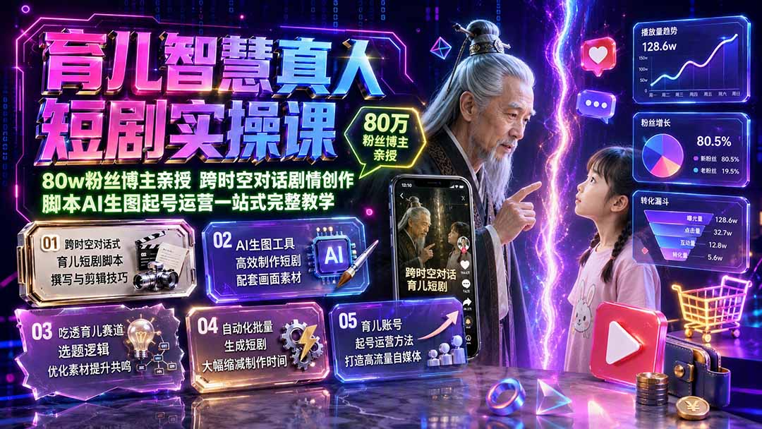 育儿智慧真人短剧实操课|80w粉丝博主亲授,跨时空对话剧情创作,脚本AI生图起号运营一站式完整教学-极客网创
