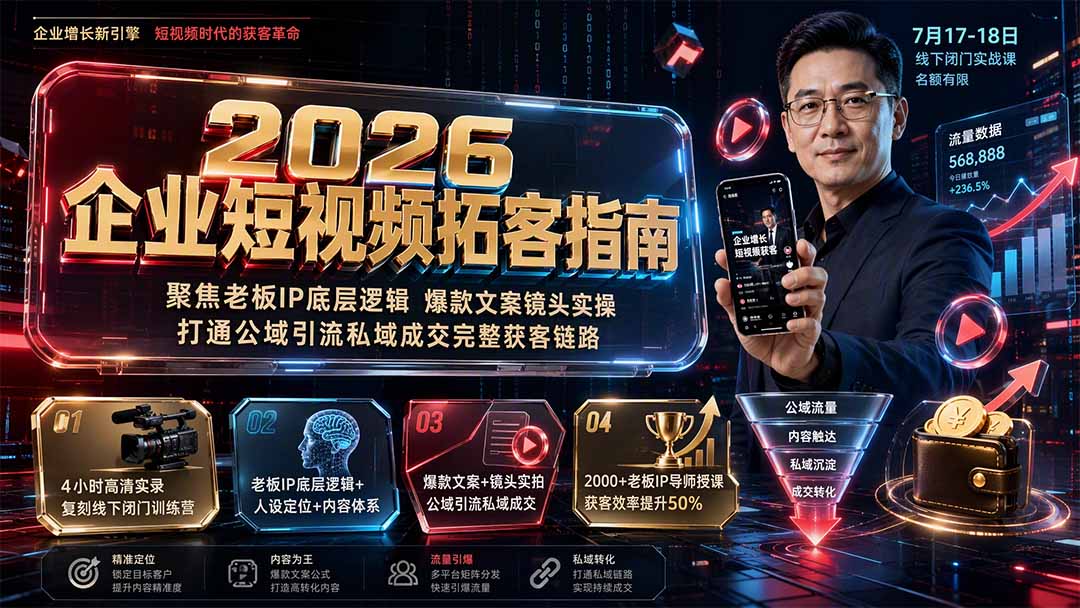 2026企业短视频拓客指南:聚焦老板IP底层逻辑,爆款文案镜头实操,打通公域引流私域成交完整获客链路-极客网创