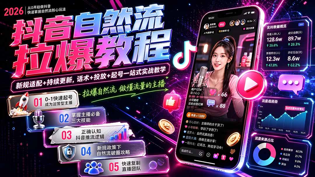 抖音自然流拉爆教程-更新7月:做懂流量的主播,新规适配+持续更新,话术+投放+起号一站式实战教学-极客网创