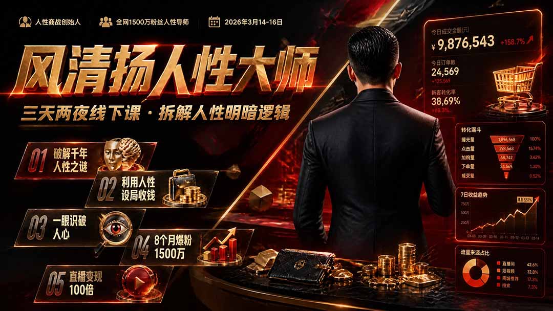 风清扬人性大师-三天两夜3月14-16线下课2026年|拆解人性明暗逻辑,识人避坑,千万粉涨粉+直播百倍变现实战教学-极客网创