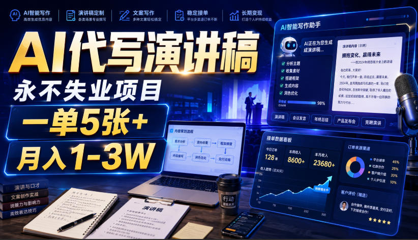 AI代写演讲稿,永不失业项目,一单5张+,月入1-3W【揭秘】-极客网创