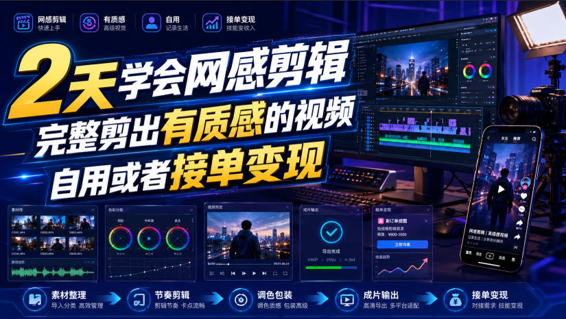 2天学会网感剪辑,完整剪出有质感的视频,自用或者接单变现-极客网创