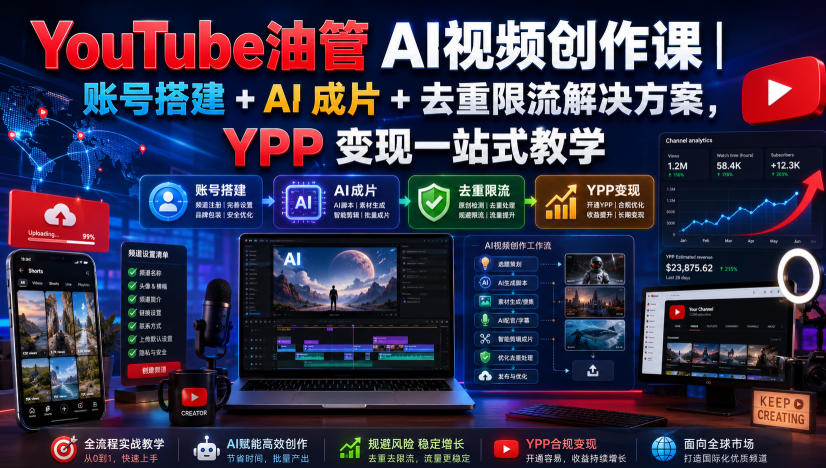 YouTube油管AI视频创作课|账号搭建+AI成片+去重限流解决方案,YPP变现一站式教学-极客网创