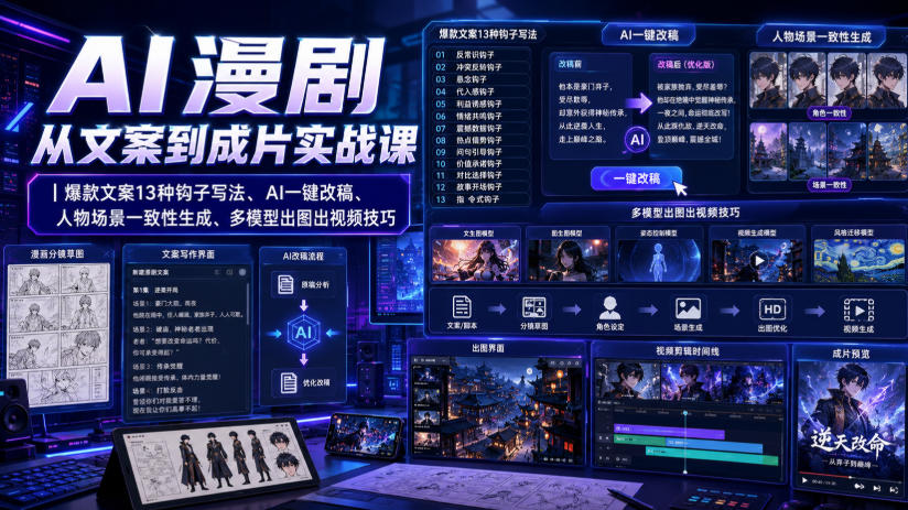 AI漫剧从文案到成片实战课|爆款文案13种钩子写法、AI一键改稿、人物场景一致性生成、多模型出图出视频技巧-极客网创