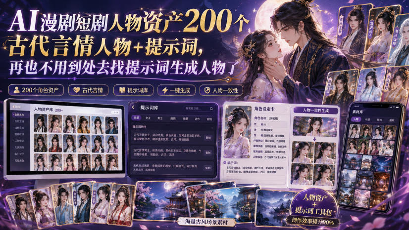 AI漫剧短剧人物资产200个古代言情人物+提示词,再也不用到处去找提示词生成人物了-极客网创