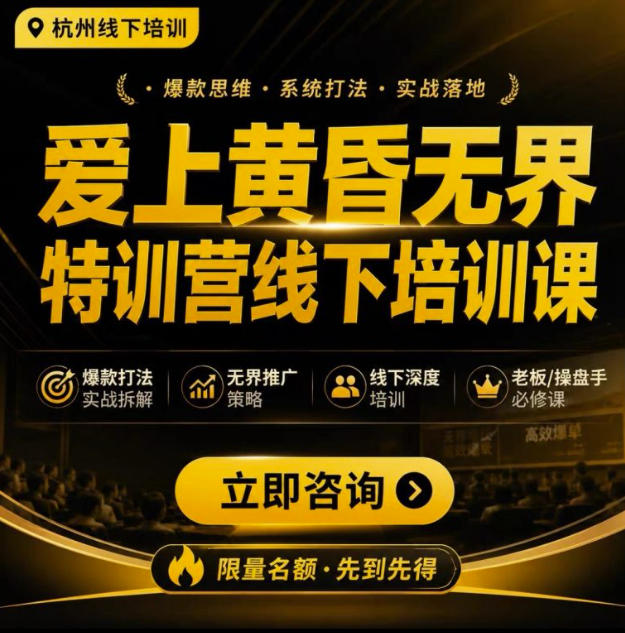 爱上黄昏无界特训营AI推广实战7月27-30杭州线下课,AI落地淘宝最完整的课程,学天猫淘宝的老板必看-极客网创