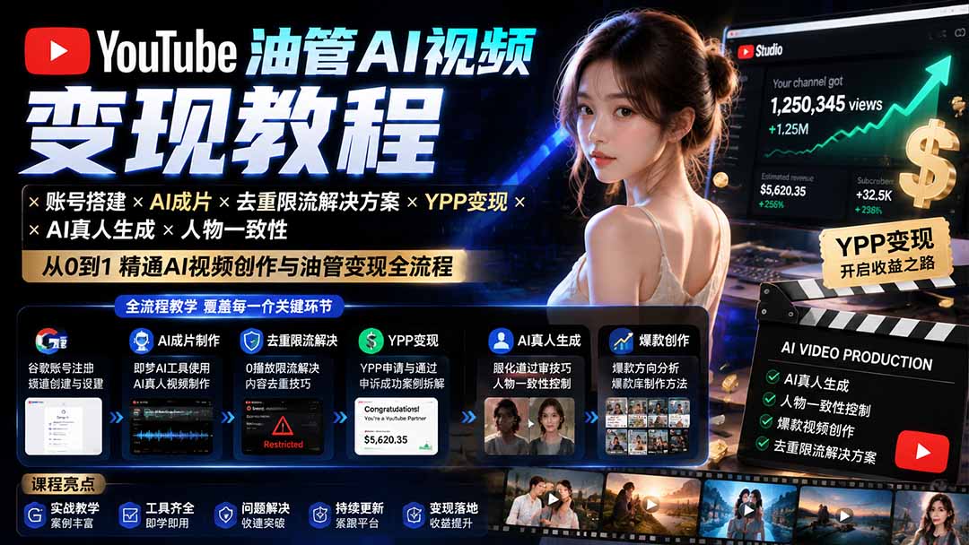 YouTube油管AI视频变现教程:账号搭建×AI成片×去重限流解决方案×YPP变现×AI真人生成×人物一致性-极客网创