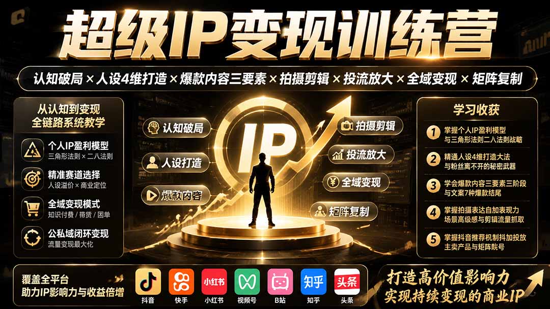 超级IP变现训练营：认知破局×人设4维打造×爆款内容三要素×拍摄剪辑×投流放大×全域变现×矩阵复制-极客网创