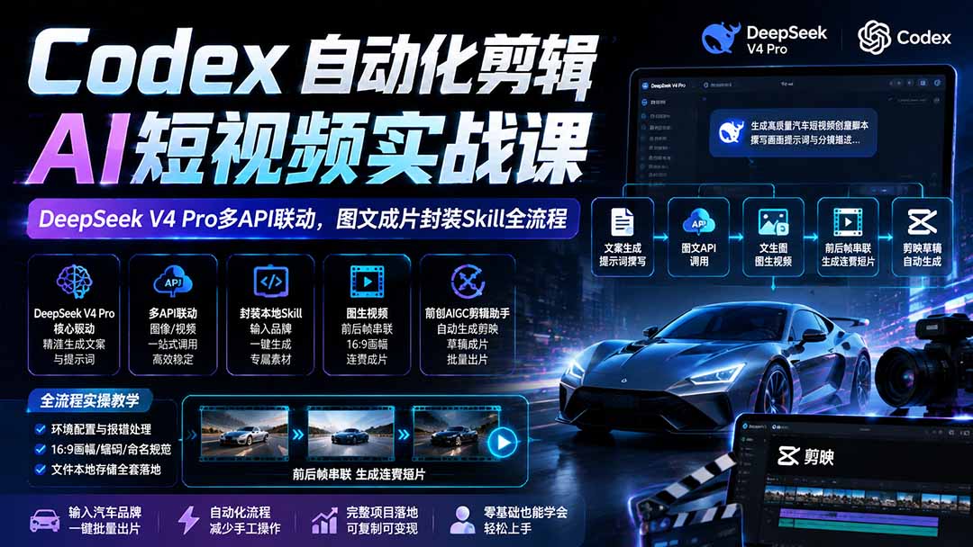 Codex自动化剪辑AI短视频实战课｜DeepSeek V4 Pro多API联动，图文成片封装Skill全流程-极客网创