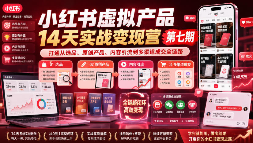 小红书虚拟产品14天实战变现营第七期,打通从选品、原创产品、内容引流到多渠道成交全链路-极客网创