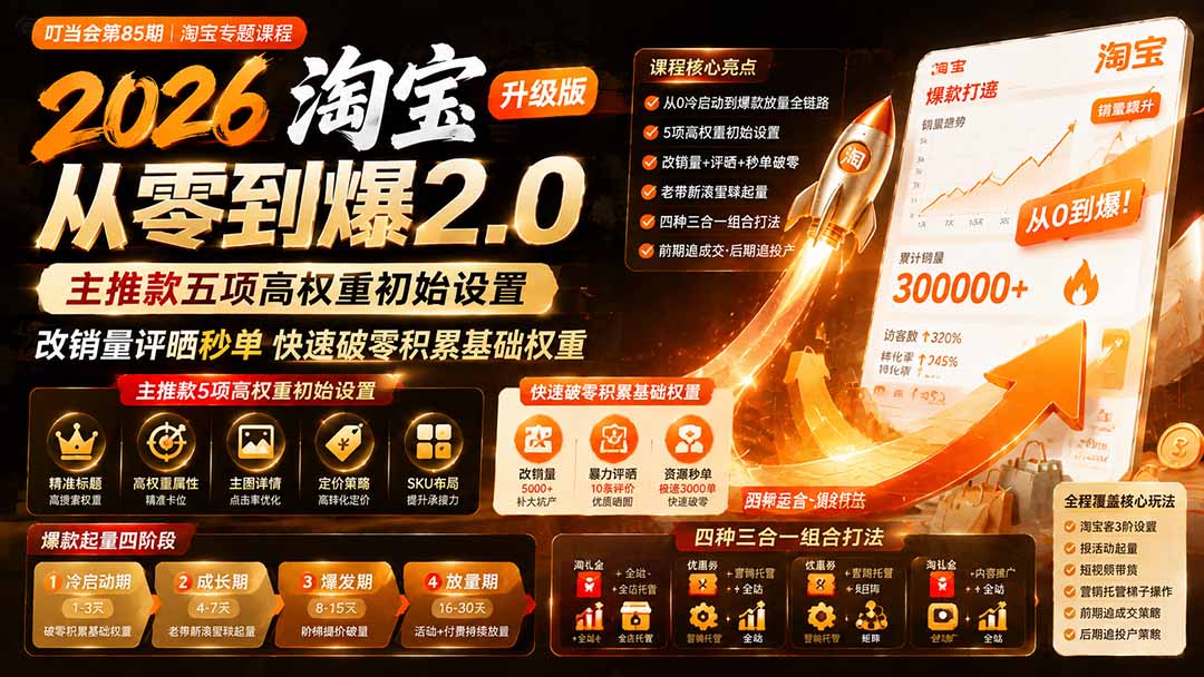 2026淘宝从零到爆2.0第85期；主推款五项高权重初始设置，改销量评晒秒单快速破零积累基础权重-极客网创
