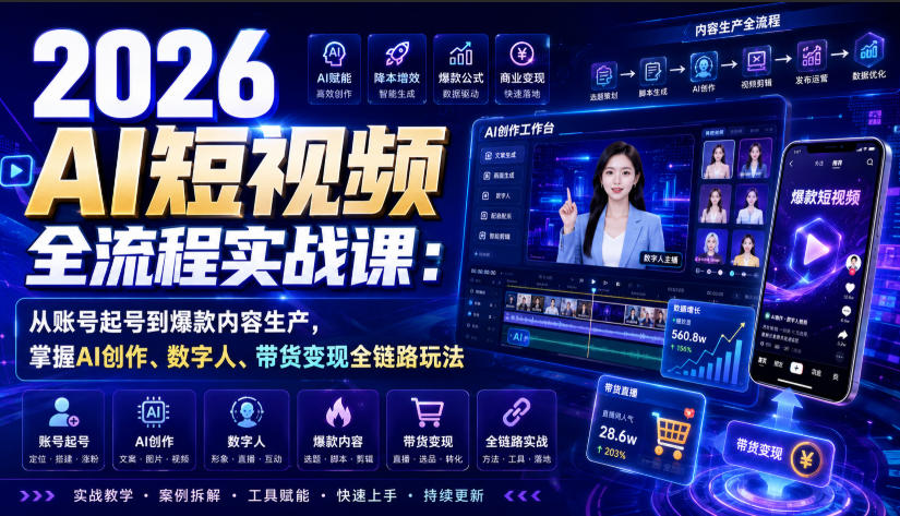 2026 AI短视频全流程实战课:从账号起号到爆款内容生产,掌握AI创作、数字人、带货变现全链路玩法-极客网创