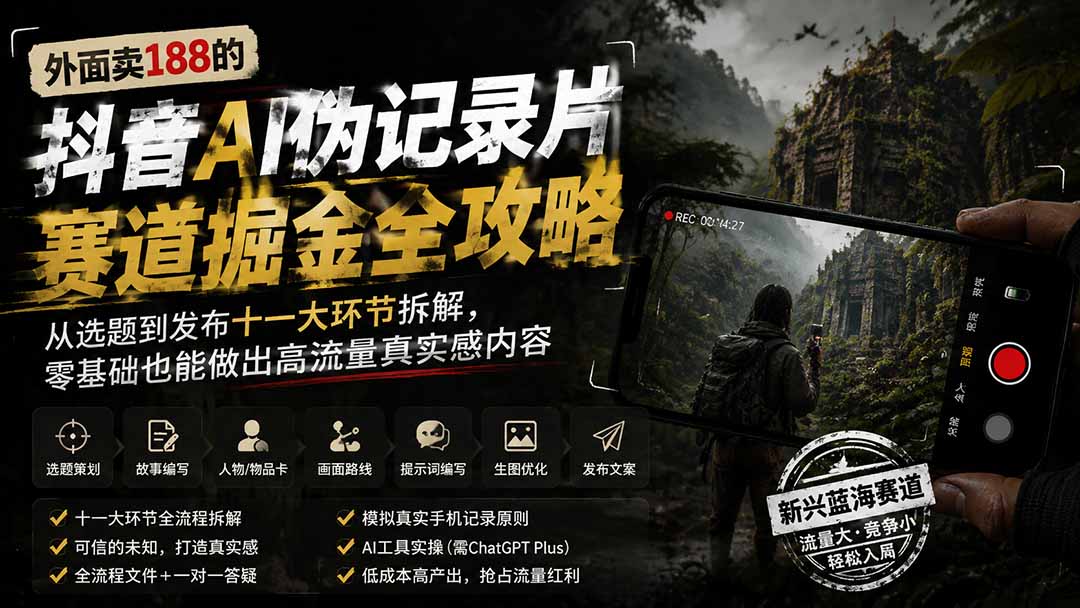 外面卖188的抖音AI伪记录片赛道掘金全攻略；从选题到发布十一大环节拆解，零基础也能做出高流量真实感内容-极客网创