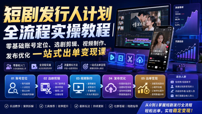 短剧发行人计划全流程实操教程|零基础账号定位、选剧剪辑、视频制作、发布优化一站式出单变现课-极客网创