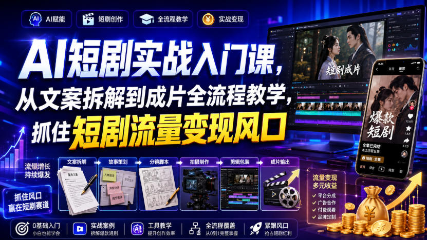 AI短剧实战入门课,从文案拆解到成片全流程教学,抓住短剧流量变现风口-极客网创
