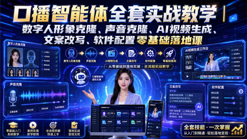 口播智能体全套实战教学｜数字人形象克隆、声音克隆、AI视频生成、文案改写、软件配置零基础落地课-极客网创