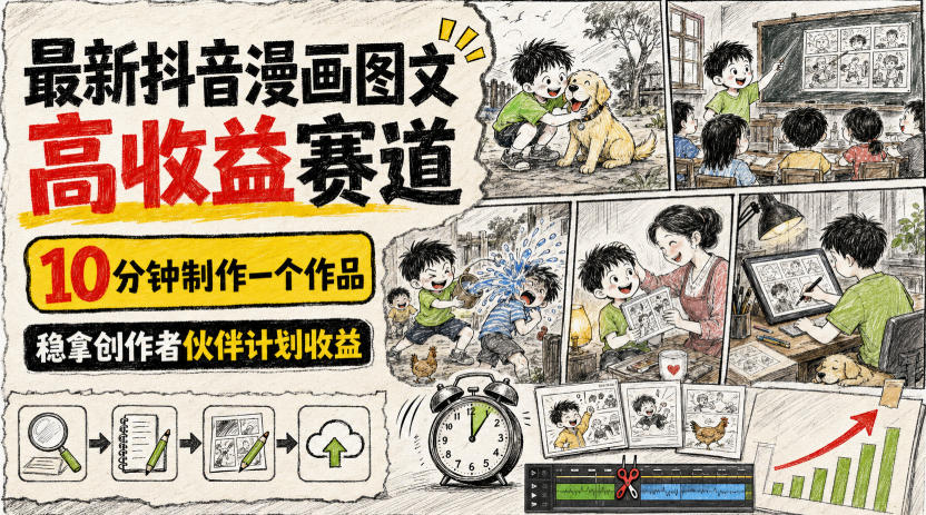 最新抖音漫画图文高收益赛道，10分钟制作一个作品，稳拿创作者伙伴计划收益-极客网创