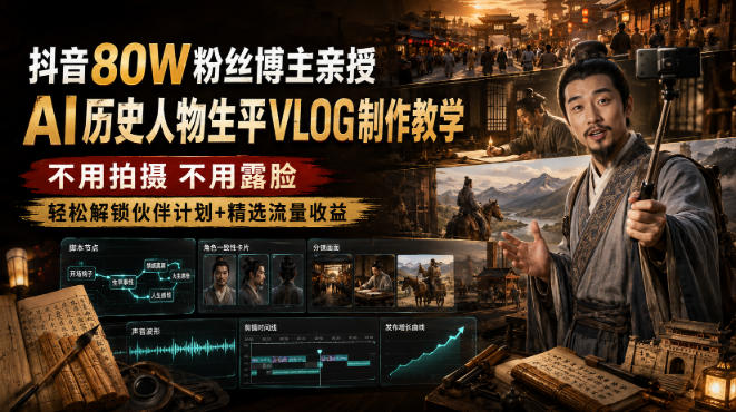 抖音80W粉丝博主的AI历史人物生平VLOG教学，不用拍摄不用露脸，AI帮你搞定，轻松解锁伙伴计划+精选收益-极客网创