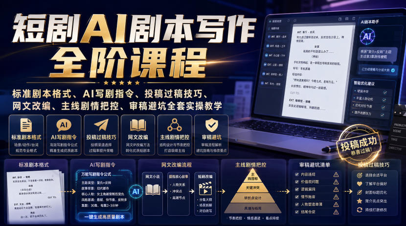 短剧AI剧本写作全阶课程|标准剧本格式、AI写剧指令、投稿过稿技巧、网文改编、主线剧情把控、审稿避坑全套实操教学-极客网创