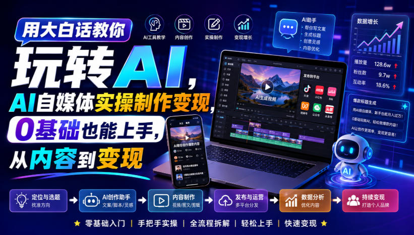 用大白话教你玩转AI,AI自媒体实操制作变现,0基础也能上手,从内容到变现-极客网创