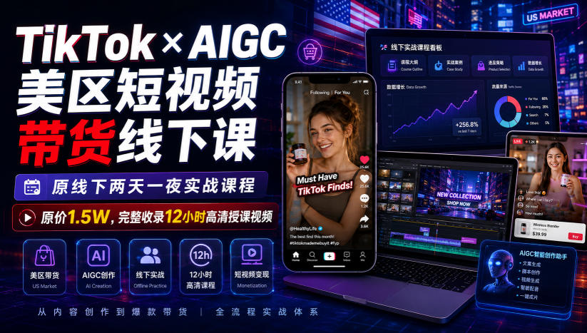 TikTok×AIGC美区短视频带货线下课，原线下两天一夜实战课程，原价1.5W，完整收录12小时高清授课视频-极客网创