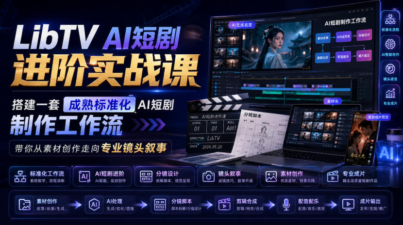 LibTV AI短剧进阶实战课，搭建一套成熟标准化AI短剧制作工作流，带你从素材创作走向专业镜头叙事-极客网创