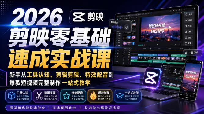 2026剪映零基础速成实战课｜新手从工具认知、剪辑剪辑、特效配音到爆款短视频完整制作一站式教学-极客网创