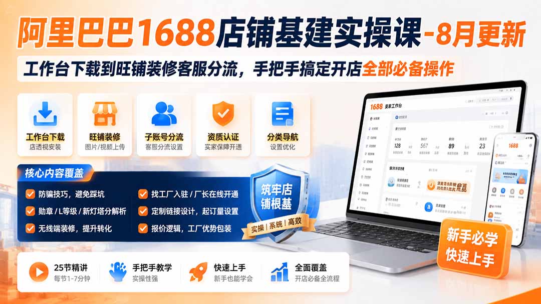 阿里巴巴1688店铺基建实操课-8月更新;工作台下载到旺铺装修客服分流,手把手搞定开店全部必备操作-极客网创