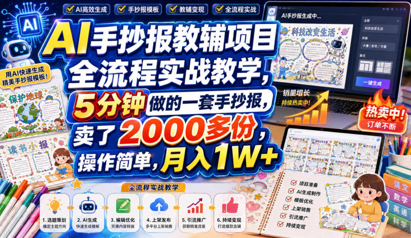 AI手抄报教辅项目全流程实战教学,5分钟做的一套手抄报,卖了2000多份,操作简单,月入1W+-极客网创