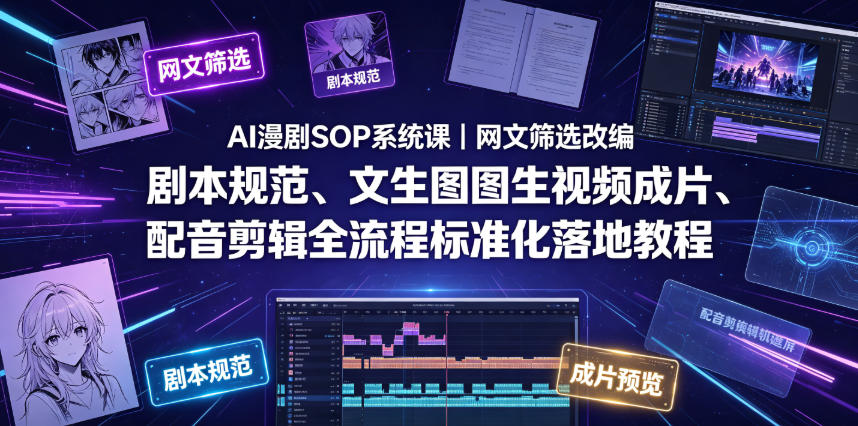 AI漫剧SOP系统课|网文筛选改编、剧本规范、文生图图生视频成片、配音剪辑全流程标准化落地教程(更新0810)-极客网创