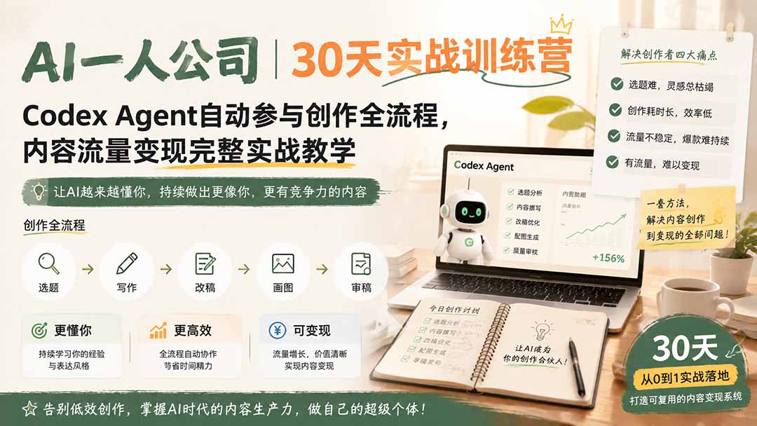 AI一人公司｜30天实战训练营；Codex Agent自动参与创作全流程，内容流量变现完整实战教学-极客网创