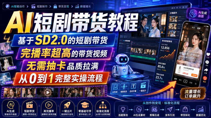 AI短剧带货教程，基于SD2.0的短剧带货，完播率超高的带货视频，无需抽卡品质拉满，从0到1完整实操流程-极客网创