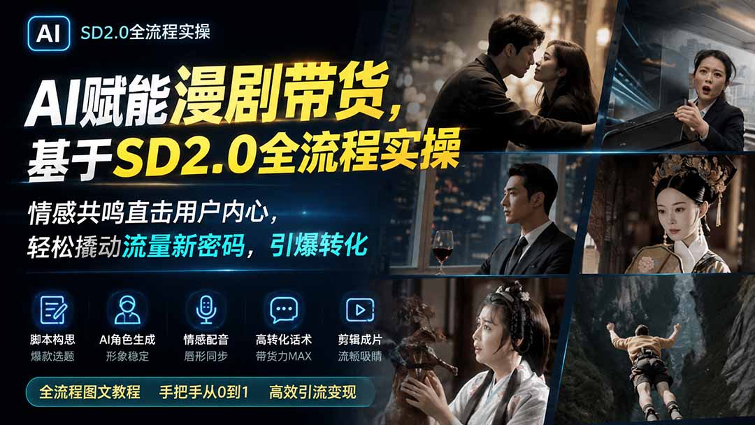 AI赋能漫剧带货,基于SD2.0全流程实操;情感共鸣直击用户内心,轻松撬动流量新密码,引爆转化-极客网创