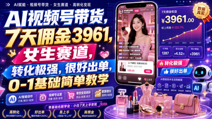 AI视频号带货，7天佣金3961，女生赛道，转化极强，很好出单，0-1基础简单教学-极客网创