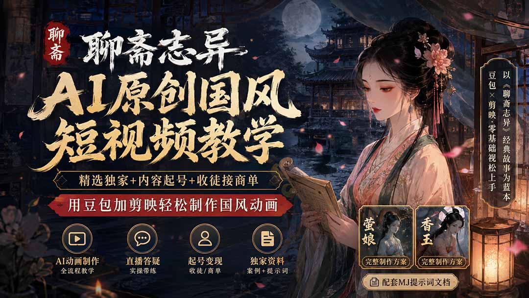 聊斋志异AI原创国风短视频教学；精选独家+内容起号+收徒接商单，用豆包加剪映轻松制作国风动画-极客网创