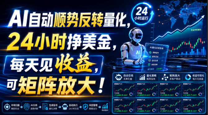AI自动顺势反转量化，24小时挣美金，每天见收益，可矩阵放大！【揭秘】-极客网创