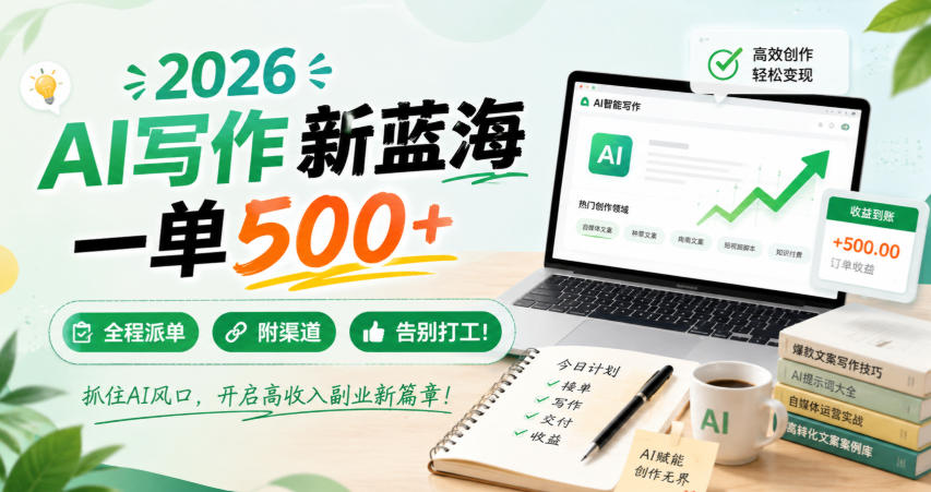 2026 AI写作新蓝海，一单500+，全程派单，附渠道，告别打工！【揭秘】-极客网创