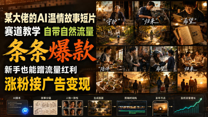 某大佬的AI温情故事短片赛道教学，自带自然流量，条条爆款，新手也能蹭流量红利，涨粉接广告变现-极客网创