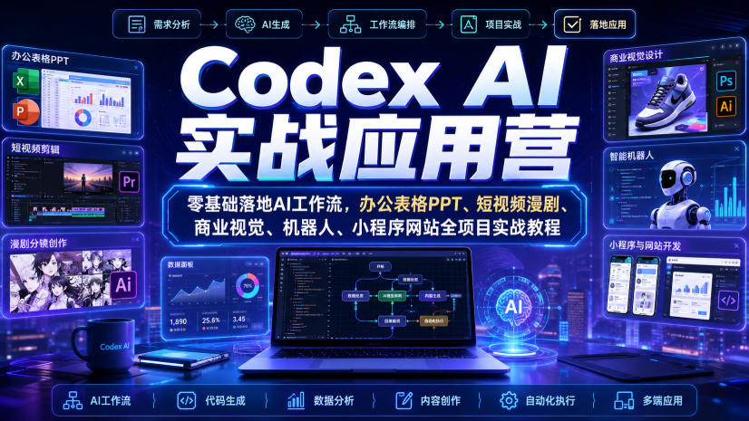 Codex AI实战应用营｜零基础落地AI工作流，办公表格PPT、短视频漫剧、商业视觉、机器人、小程序网站全项目实战教程-极客网创