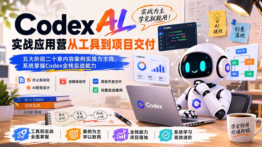 Codex AI实战应用营从工具到项目交付；五大阶段二十章内容案例实操为主线，系统掌握Codex全栈实战能力-极客网创