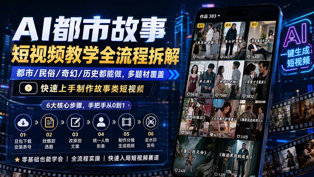 AI都市故事短视频教学全流程拆解；都市/民俗/奇幻/历史都能做多题材覆盖，快速上手制作故事类短视频-极客网创
