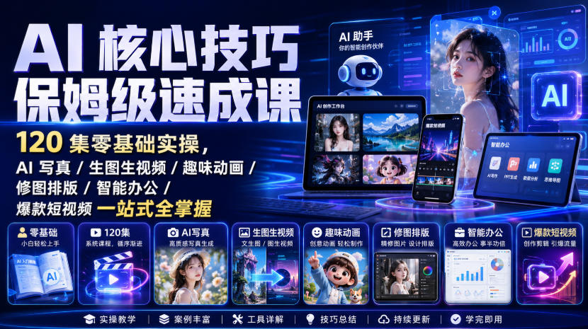 AI核心技巧保姆级速成课｜120集零基础实操，AI写真/生图生视频/趣味动画/修图排版/智能办公/爆款短视频一站式全掌握-极客网创