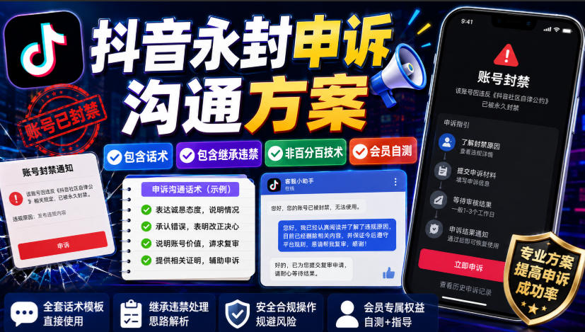 抖音永封申诉沟通方案，包含话术，包含继承违禁，非百分百技术，会员自测-极客网创